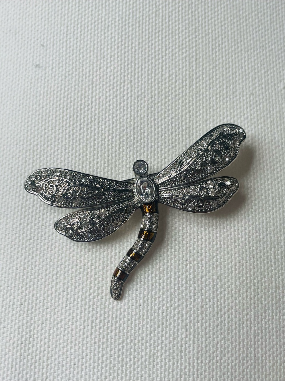 Silver-Tone Dragonfly Brooch with Clear and Amber Accents